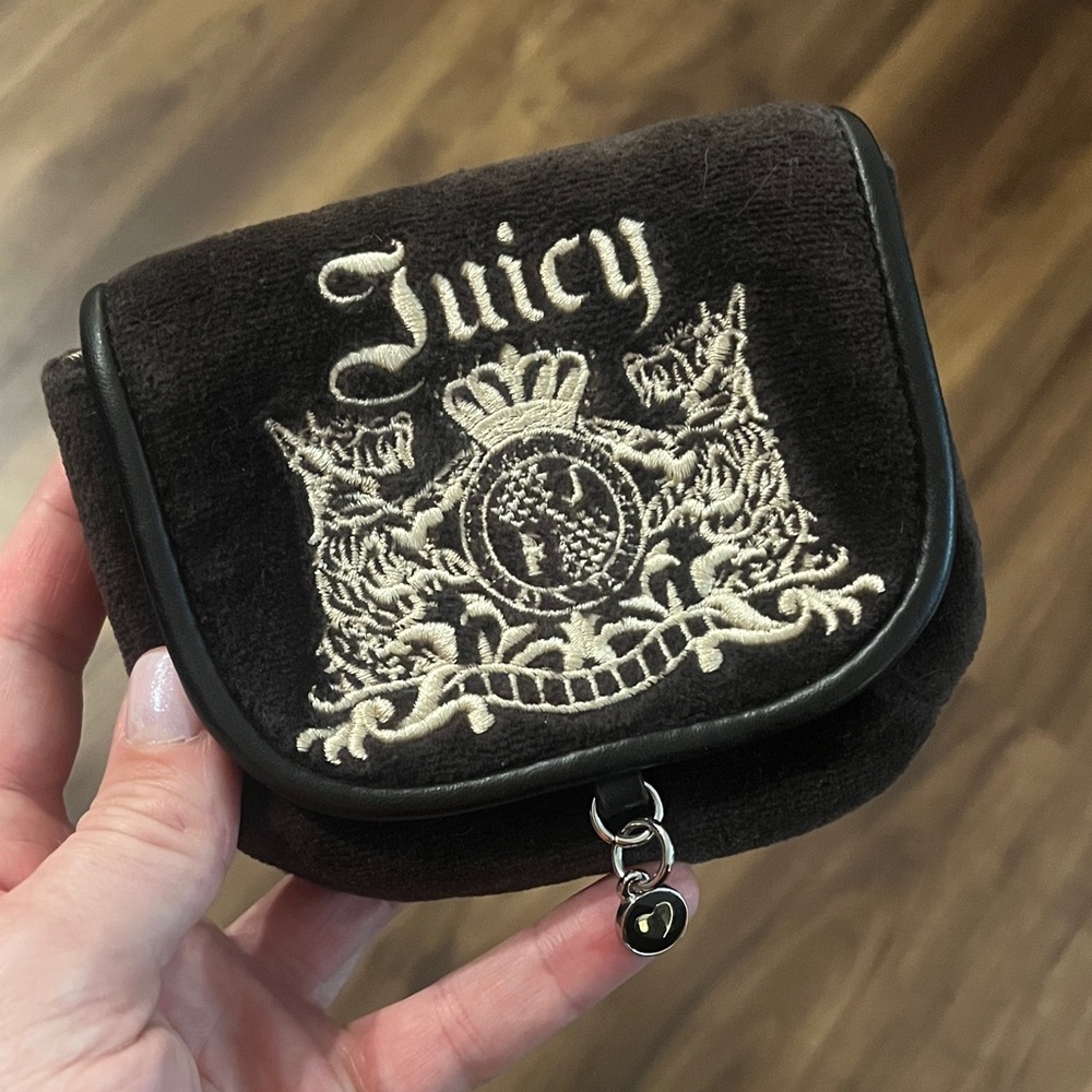 Rare Vintage Y2K Juicy Couture Black / Dark Grey Velour Embroidered Coin Pouch